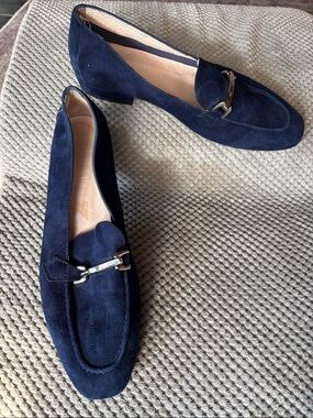 Women's Navy Suede Loafers with Metallic Bit Accent